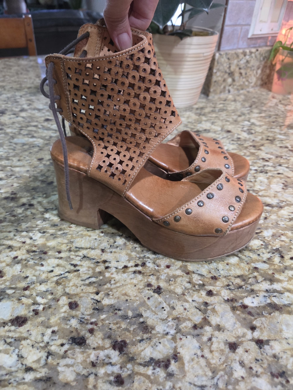Bed Stu Tan Perforated Studded Platform Sandals With Laced Back